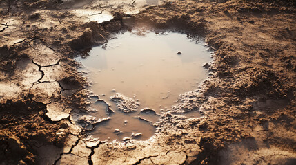 Close up of cracked dry ground with small puddle of water representing drought, water scarcity, climate change and environmental crisis