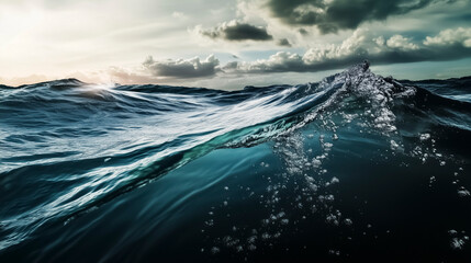 Powerful ocean waves viewed from water level under dramatic sky symbolizing strength of nature climate change and marine environment
