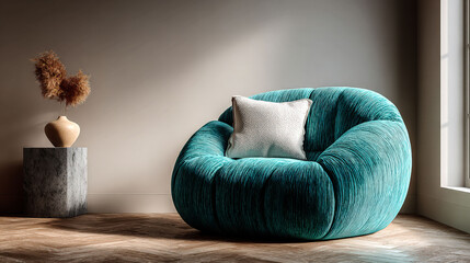 Blue chair with a white pillow sits in front of a white wall. The chair is the main focus of the image, and it is a comfortable and inviting piece of furniture
