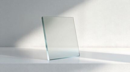A translucent square of glass rests on a pristine white surface, softly illuminated by natural light filtering from above, creating shadows and highlighting the material's clarity.