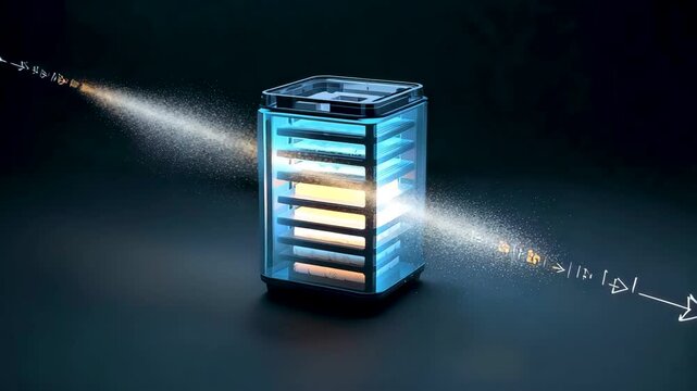 Illuminated server tower receiving a bright beam carrying digital data symbols across a dark floor