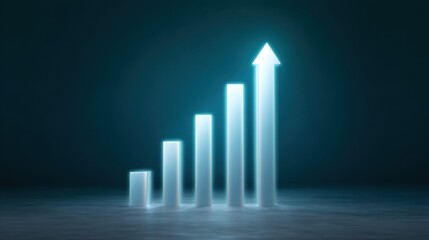 Futuristic digital growth chart showcasing ascending bars with glowing effects illustrating positive trends and progress in business and finance contexts
