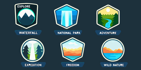 Collection of colorful outdoor adventure badges with mountain waterfall and forest themes © MituRani