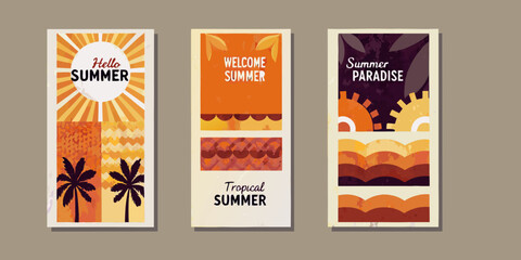 Retro summer banners with tropical elements and warm color palettes
