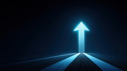 Digital neon arrow pointing upward against a dark background, representing growth, progress, and direction in technology and innovation landscape.