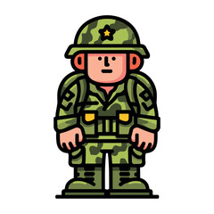 Fototapeta premium Cartoon military soldier stands wearing camouflage uniform and helmet with a star, representing defense, service, and armed forces.