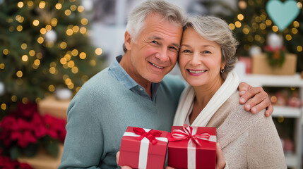 Elderly couple embracing faceless, celebrating valentine day with decorations and gifts, surrounded by other seniors, festive gathering, defocused background, with copy space