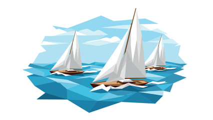 Fototapeta premium Geometric sailboats in ocean with waves and clouds