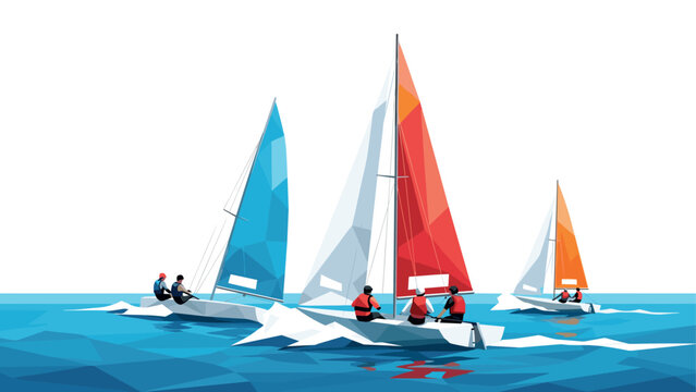 Colorful geometric sailboats on abstract low poly ocean adventure