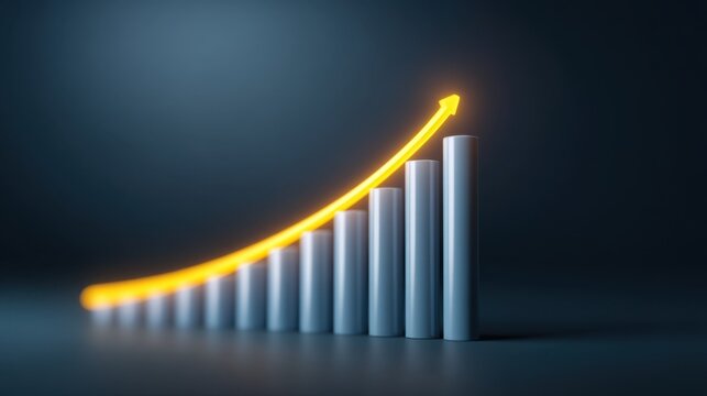 3D Illustration of Growing Bar Chart with Bright Arrow Showing Positive Trend in Business Performance and Financial Growth Concept - Powered by Adobe