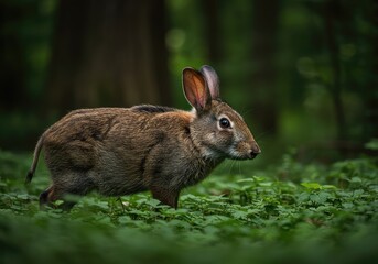 Fototapeta premium An unusual hybrid creature, part wild pig and part rabbit, known as a boar rabbit, pauses quietly among green forest foliage ,fantasy ,illustration ,environment
