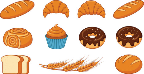Bakery bread and pastry icons collection with croissants, donuts, cupcakes, loaves, and wheat isolated on white background vector illustration
