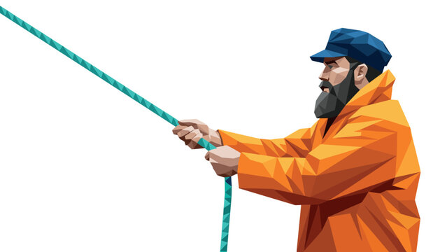 Geometric portrait of bearded sailor holding rope in low poly art style