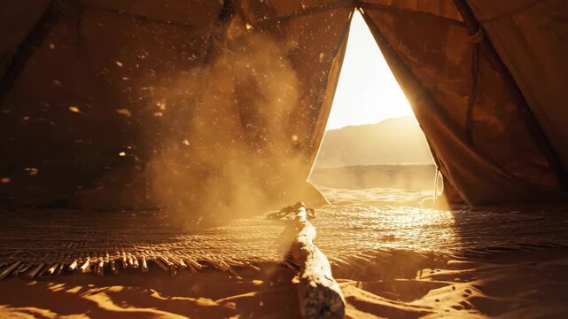 Desert tent entrance with sun rays and dust, evoking historic setting