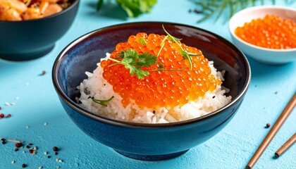 Bowl of rice topped with glossy orange salmon roe and seaweed, ceramic dish on gray surface.