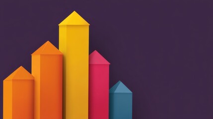 Colorful geometric bar chart shapes on a deep purple background showcasing growth and progress in a modern and creative style for business concepts