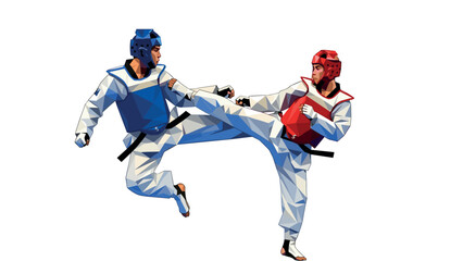Naklejka premium Low poly taekwondo fighters sparring in dynamic pose with protective gear