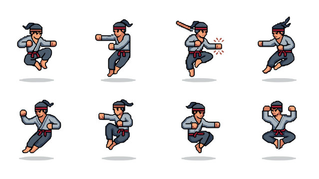 Pixel art martial arts moves with dynamic retro style characters in action