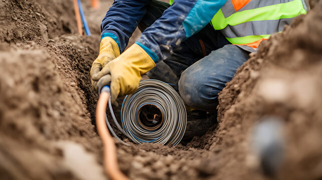 A worker is pulling a roll of cable out of a trench wearing yellow gloves, a reflective vest and jeans. The cable is silver and orange. The ground is dirt. He works carefully in the trench.