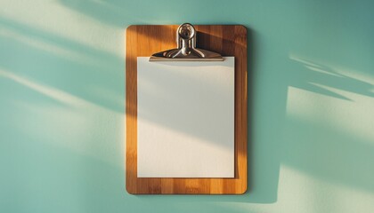Clipboard with Blank Paper on Teal.