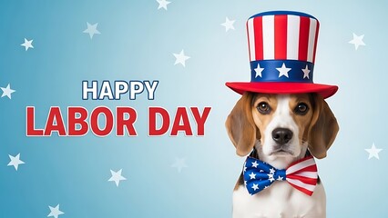 A patriotic beagle dog joyfully celebrates happy labor day in an american flag themed hat
