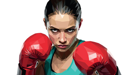 Geometric portrait of female boxer with red gloves and intense stare