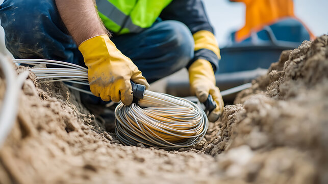 Installing fiber optic cables. Worker wearing gloves lays a coil of wire into a shallow trench. Connecting homes and businesses to high-speed internet, a crucial task.