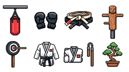 Pixel art martial arts gear and equipment set