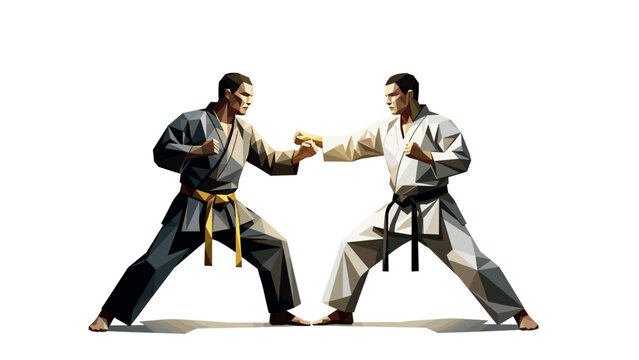 Low poly martial arts fighters in karate stance against white background