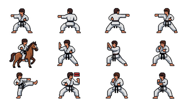Retro pixel art karate moves and horse animation sprite sheet