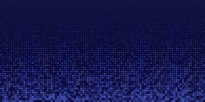Digital pixel glitch background. Blue squares on dark gradient. Business or technology backdrop. Data, sci-fi, or futuristic design template. Abstract science banner. Vector Illustration.