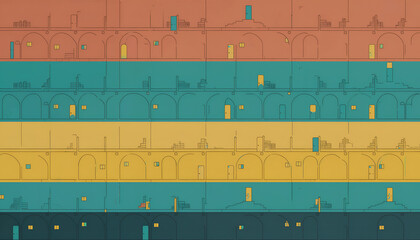 Abstract architectural blueprint design with horizontal color bands and repeating arched structures.