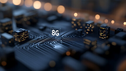 Visualize the 8G future: advanced network, cityscape-inspired design, technological convergence, digital infrastructure, futuristic outlook, high speed, and connectivity.