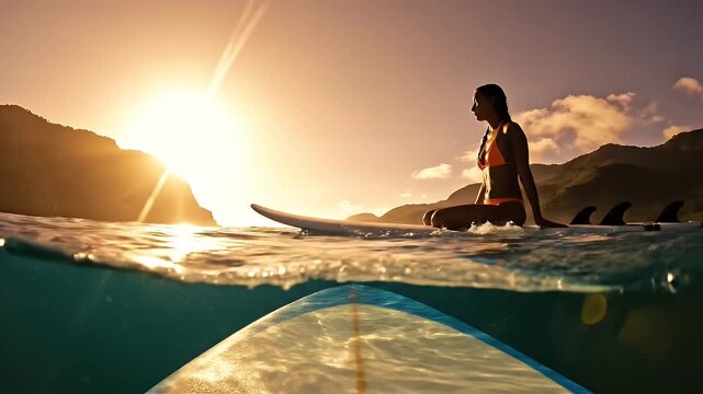 Woman Surfer Sitting on Board at Golden Sunset Split View Ocean
