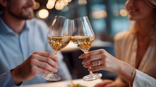 Couple clinking wine glasses in romantic light restaurant bar faceless, two people celebrating anniversary together in cafe, lovers enjoying drinks in luxury venue, defocused backg