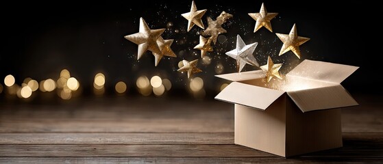 Open cardboard box releases golden stars into the air in a dark setting with bright light effects and a wide-angle view