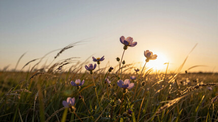 Purple wildflowers glow in golden sunset light, swaying gently among tall grass — warm, serene, and peaceful