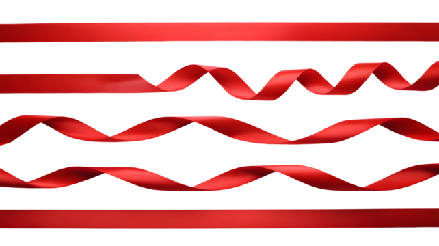 Elegant red ribbons in various styles, including straight and swirling forms, on a pure white background isolated on transparent background - Powered by Adobe