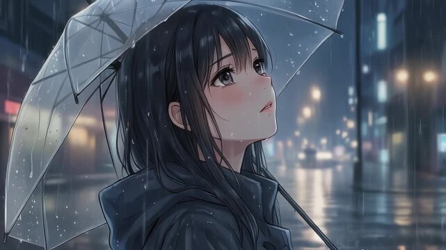 Emotional girl under a transparent umbrella in the rain, capturing a serene urban atmosphere