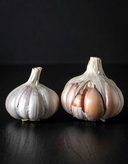 Two garlic bulbs on dark surface
