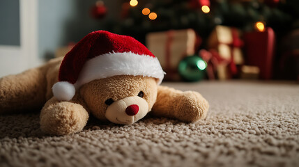 A cozy Christmas scene features a plush teddy bear wearing a Santa hat, lying on a soft carpet, with a blurred background of a Christmas tree and festive gifts.