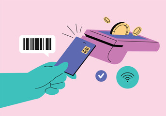 Contactless Mobile Payment and Digital Transaction. Payment made by tagging a credit card on the terminal. Customers. Shopping. Consumption.