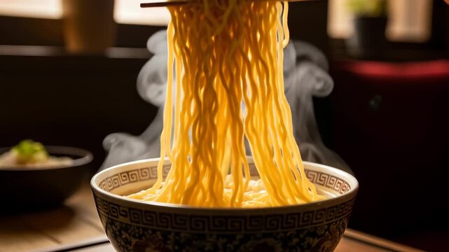 Steaming Hot Noodles Being Served With Chopsticks In Decorative Bowl Close Up Slow Motion Food 4K Ai HD high quality video.
