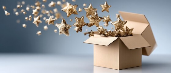 Cardboard box with golden stars and sparkles flying out on a gray background with studio lighting in a creative setup
