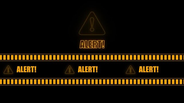 ALERT text icon in border frame with tape animation.Alert all program interface malware virus sign.privacy and protection data,glowing neon triangle sign with exclamation mark.