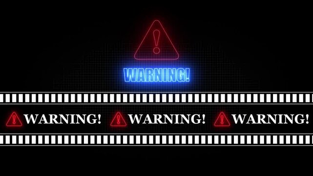 Warning text icon in border frame with tape animation.Alert all program interface malware virus sign.privacy and protection data,glowing neon triangle sign with exclamation mark.