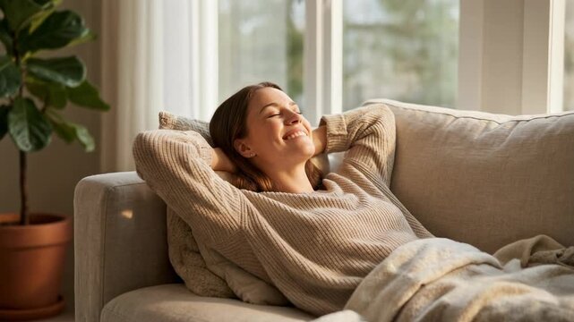 Relaxing woman enjoying a peaceful moment on a cozy sofa with natural light