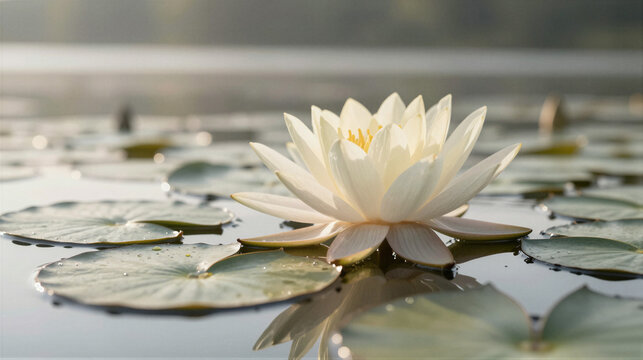 White water lily blooms gently on calm pond, petals open, yellow center, lily pads scattered, soft morning light, serene - Powered by Adobe