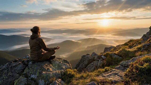 Serene meditation on mountain peak during sunrise, peaceful nature and mindfulness experience
