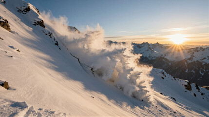 Snow avalanche crashes down sunlit slope, plume of powder billowing amid peaks at golden sunset, vast mountain range under clear sky
